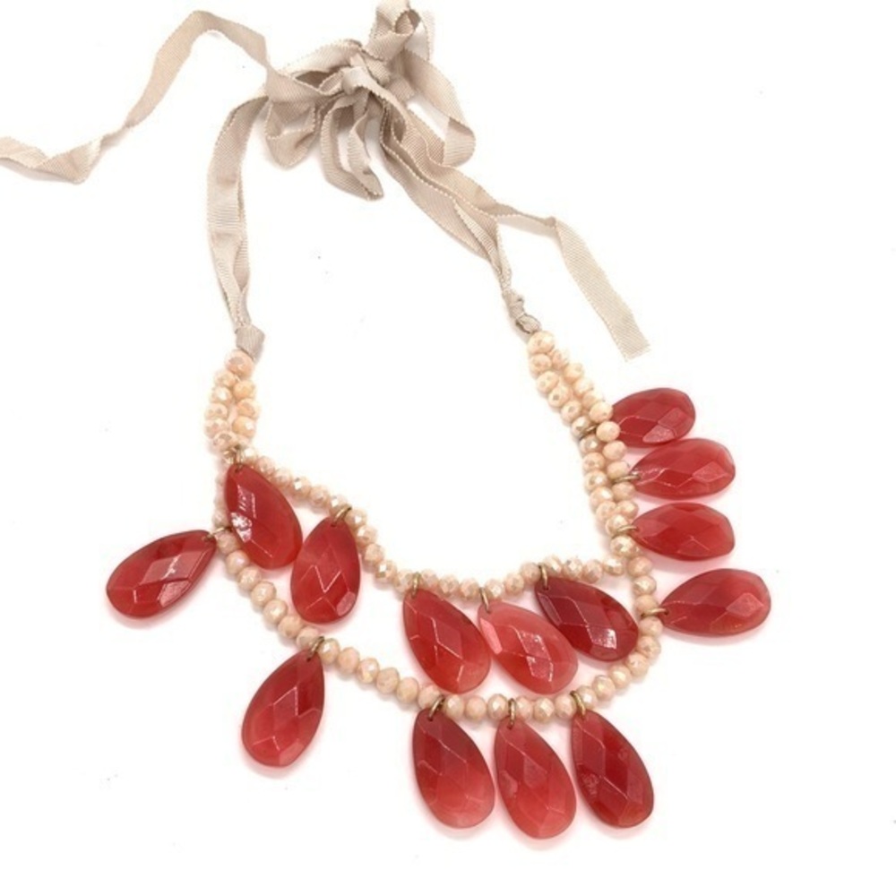 Loft‎ Romantic ribbon layered pink red tear drop beaded statement necklace
